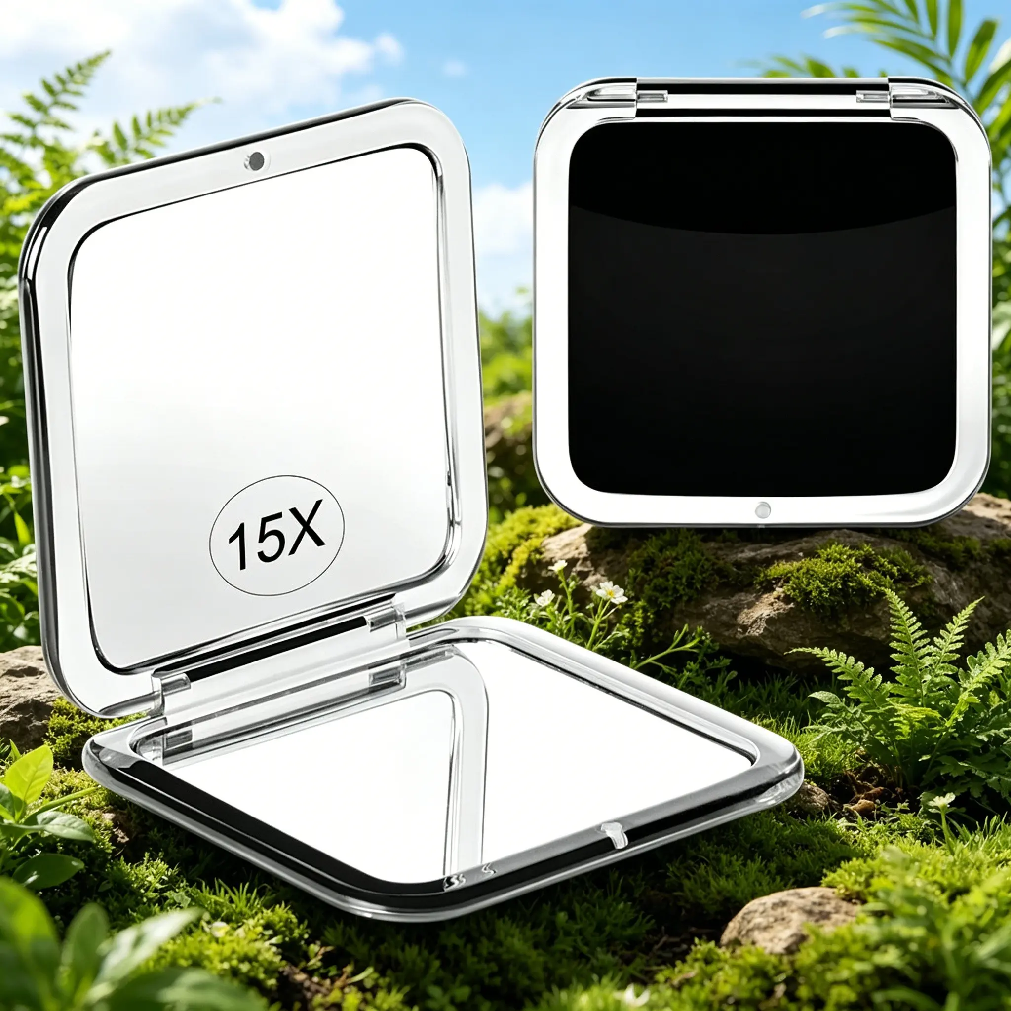 15x magnifying square folding mirror. Compact and portable. Clear magnification for detailed makeup touch-ups, perfect for travel and daily outings