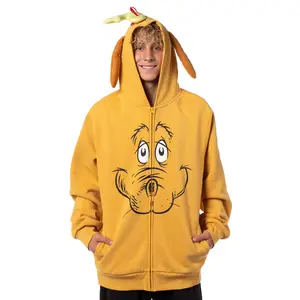 Dr Seuss Men's The Grinch Max The Dog Face Christmas Long Sleeve Zip-Up Hoodie Sweatshirt