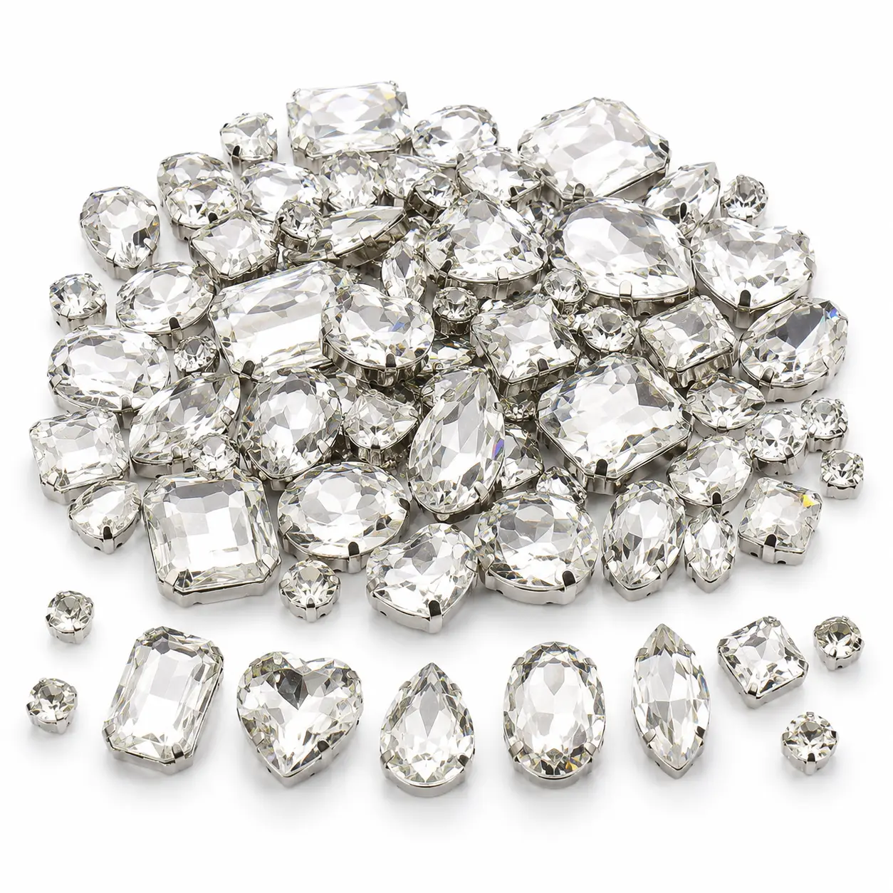 130-Piece Clear Glass Rhinestone Mix, Sew-On Prong-Set Gems in Assorted Shapes for DIY Clothing, Shoes, Costumes, Bags, Jewelry and Creative Bedazzling Crafts