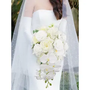 Rinlong 11 inch wide Pure White Cascading Bridal Bouquet Faux Silk Flowers Floral
