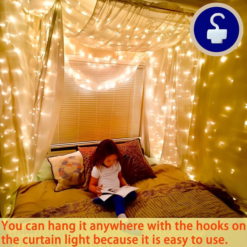 300 LED Curtain Lights with Remote Control, 8 Modes, Warm White, Perfect for Indoor/Outdoor Christmas, Wedding, Party Wall Decorations