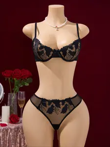 Women's Underwear Lingerie Set Including Embroidered Lace Bra and Solid Color Panties, Elegant Feminine Comfortable Two-Piece Set for Daily Wear Underwear Sets Embroidery