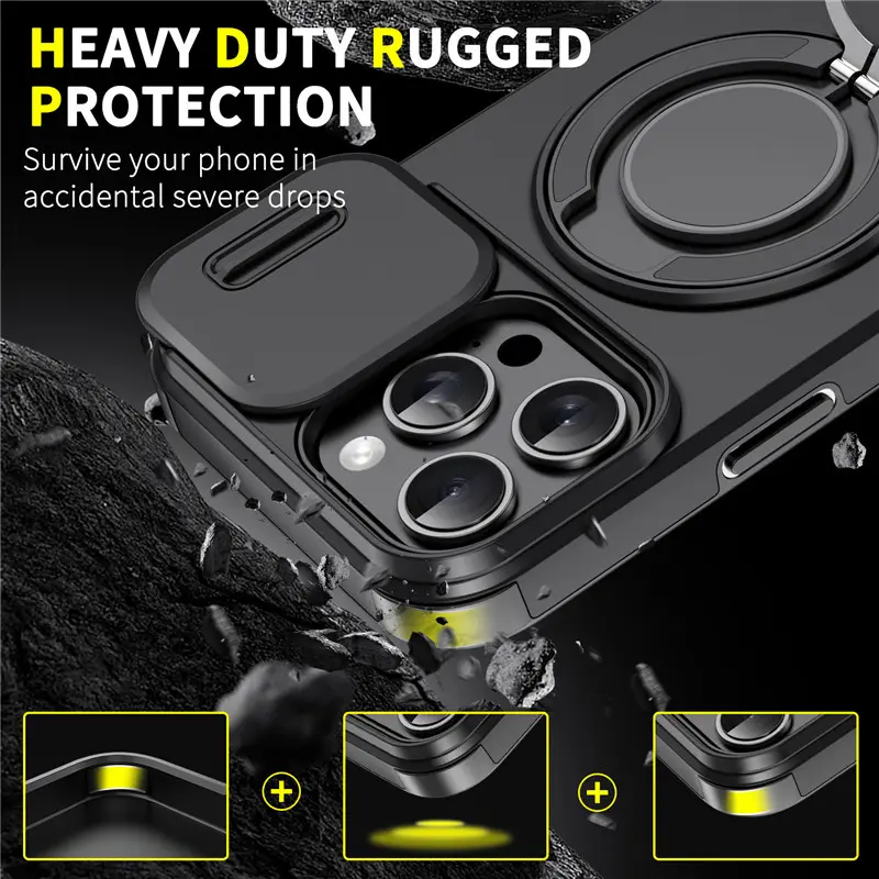 Weseecase Durable Adjustable Casing Magnetic Ring Stand Cellphone Case for iPhone Devices, Rugged Protective Cover with Slide Camera Cover, 360° Rotating Kickstand & Car Mount Support