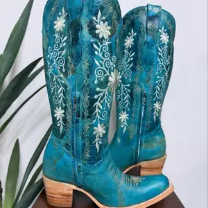 Turquoise Women's Cowgirl Boots with Floral Embroidery and Comfortable Heel