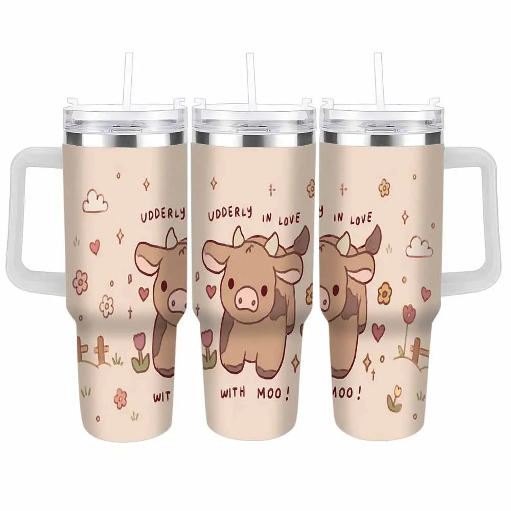 Cute Cow Car Cup 40oz Kawaii Udderly In Love With Moo Floral Heart Print Double Wall Insulated Leak Resistant Travel Mug for Farm Picnic Valentines Day Office Gift Camping