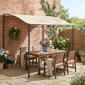 10' x 8' Outdoor Pergola – Cream White. Scrolling Wave Design + Adjustable Canopy. Freestanding or Wall-Mounted. PA-Coated Polyester. 19 Rain Drainage Holes. 8 Stakes Included