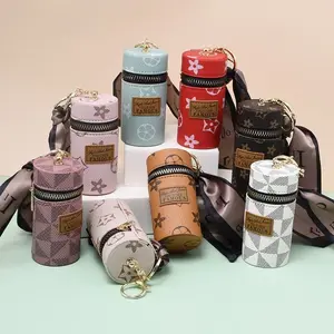 High-End Vintage Floral Leather Bucket Key Bag, Mini Elegant Stitched Keychain, Portable Small Pouch, Tpu Material, Ca Prop 65 Compliant