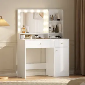 Dowinx Glam Vanity Desk with Mirror & Lights, Makeup Table with 3 Drawers & 5 Open Shelves, Adjustable 3 Colors LED Lighted for Women Girls Bedroom, White Finish