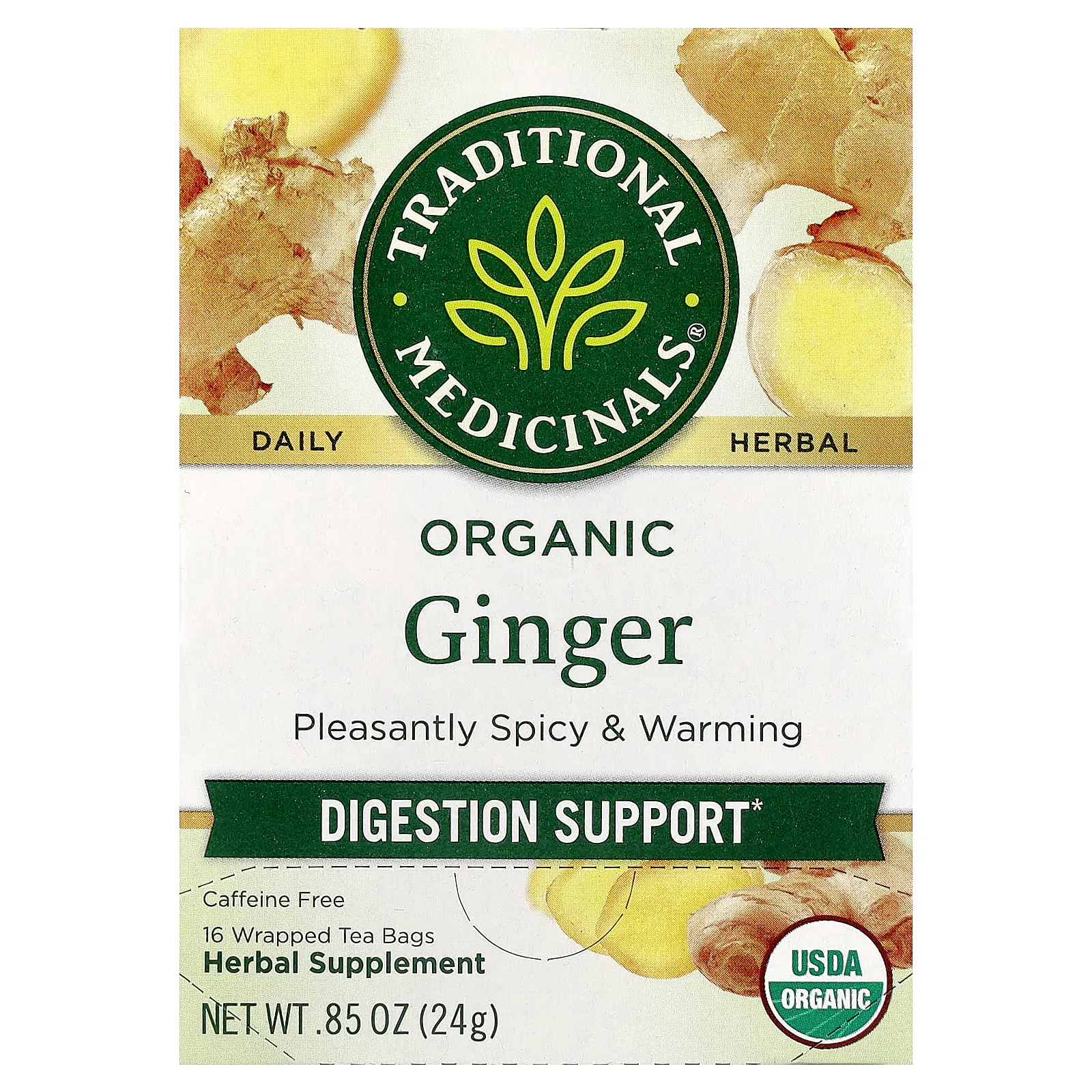 Traditional Medicinals Organic Ginger, Caffeine Free, 16 Wrapped Tea Bags, 0.85 oz (24 g)
