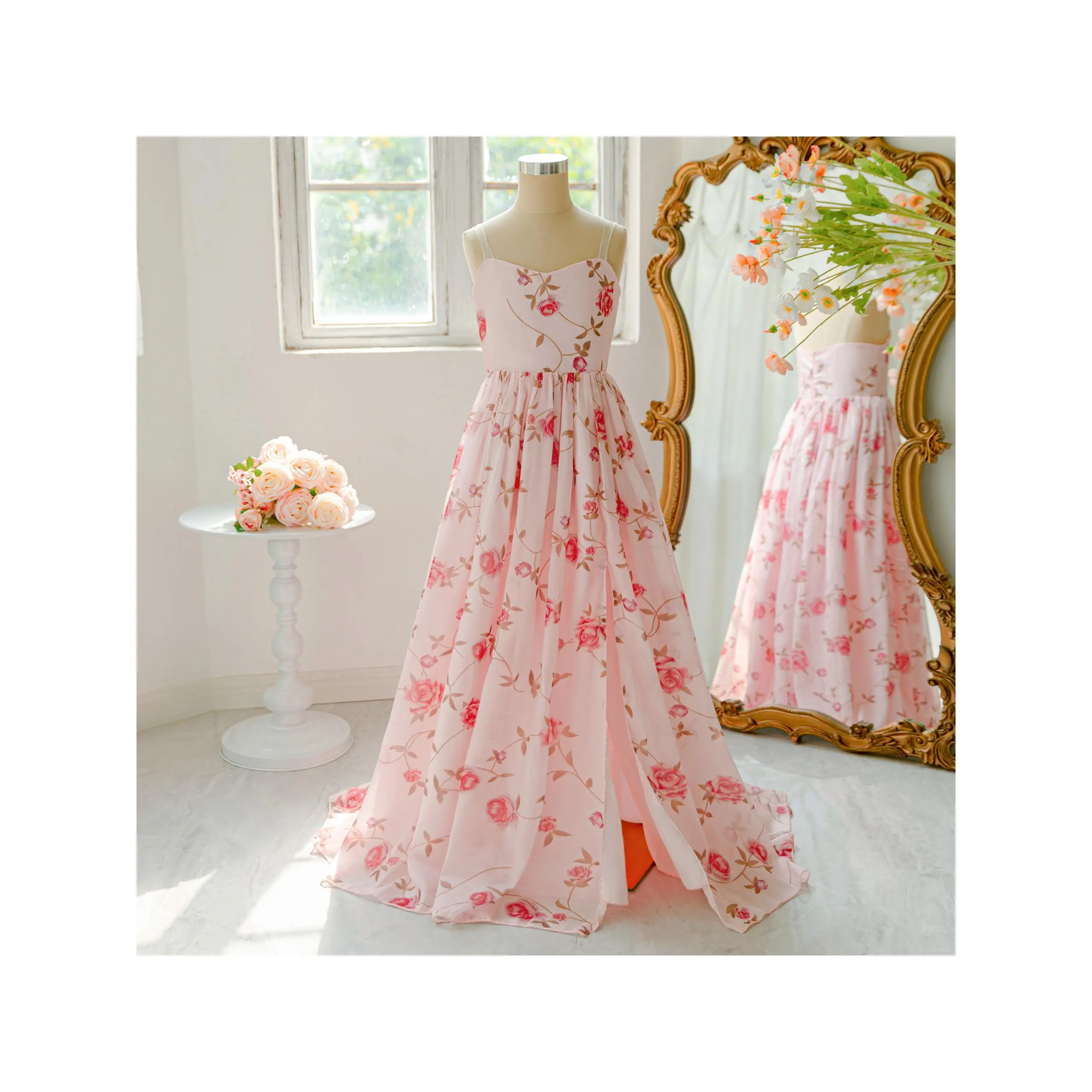 Girls' New Elegant Princess Formal Dresses (7-8y,9-10y,11-12y,13-14y) - Wrinkle-Resistant Mesh Fabric, Floral Back Slit Skirt, Natural Drop & Silhouette Support, Plain Design for Weddings, Parties, Princess Look, Full Length Dress, Party