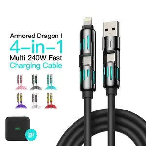 4-in-1 Charger Multi 240W Fast Charging,Buy one, get one free, super Liquid Silicone Cable with USB A Type C Lightning for iPhone17&Samsung Laptops Charger