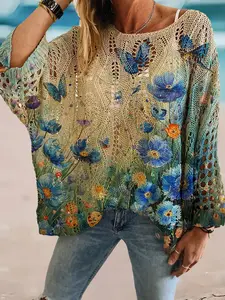 Women's Spring and Summer Round Neck Rhombus Hollow-out Batwing Sleeve Knit Cardigan with Butterfly & Floral Print, Versatile for Commute and Vacation, Loose Drop Shoulder for a Slimming Effect, Can Be Worn as a Bikini Cover-up Top.