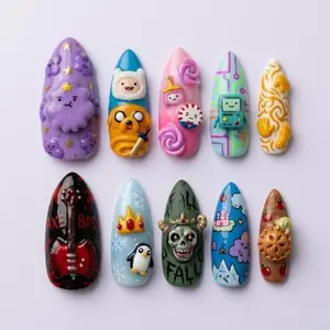 Adventure Time Cartoon Aesthetic Press on Nails | Finn Jake BMO Gunter Icons Fake Nails | 3D Lich King Axe Bass Almond Luxury Handmade Set, Nail Art Kit Nail Box