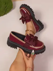 Women's Pink Patent Leather with Matching Bow Detail Platform Chunky Lug Heel Loafers, Retro Preppy Y2K-Chic Style, Slip-On Design, Stable Non-Slip Sole, Perfect for Campus & Daily Outfits #PinkBowLoafers, #RetroPreppyShoes, #Y2KChunkyHeels