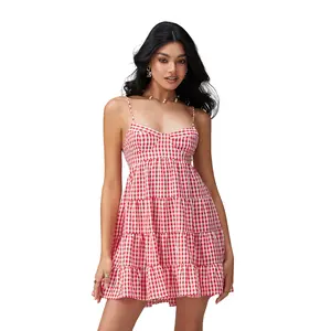 Women Spaghetti Strap Cami Dress Plaid Sweetheart Neck Tiered Hem Back Lacing Short Dresses