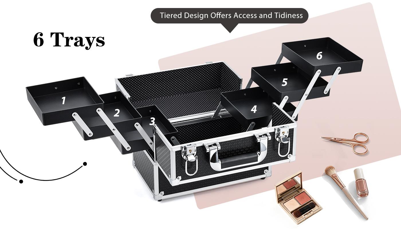 Large Makeup Case with 6 Trays Lockable Cosmetic Organizer Professional Travel Storage Box Hard Vanity Carrying Train Case