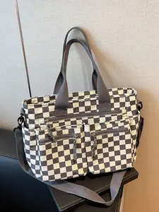 Fashionable and versatile large capacity color blocked handbag, simple and casual retro texture crossbody bag, niche design creative checkered shoulder bag, suitable for shopping, commuting, class, sports, Checkered Pattern Bag