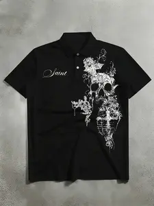 Men's Saint Skull Cross Rose Print Polo Shirt, Gothic Baroque Style, Soft Breathable Fabric, Fitted, Streetwear Fashion Summer Casual Wear