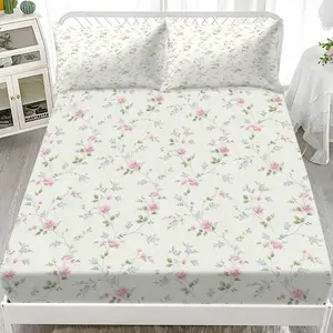 Three pieces with small pink and blue floral patterns Print Fitted Sheet Set (1 Fitted Sheet + 2 Pillowcases), Floral Sheets, Casual Style, High Definition, Bedroom or Guest Room Use