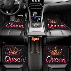 4-Piece Stylish Crown Pattern Car Floor Mats - Polyester Carpet for Sedans and SUVs - Black with Pink Accessories, Perfect Gift for Men and Women, Car Interior Accessories, Girly Car Accessories