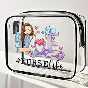 Nurse-Themed Small Clear Cosmetic Bag, Makeup Pouch with Playful Illustrations, Perfect for Nurses, Ideal Gift for Best Friend, Great for Work or Travel