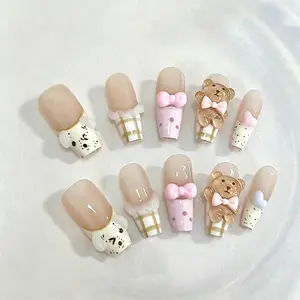 10 Piece Handmade Nail Art Set, Soft Cute Bear Design, Transparent Base, Butterfly Knot, Dog Spot Grid Pattern, Student Daily Use