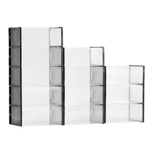 VEVOR Shoe Storage Boxes, 12 Pack Stackable Shoe Boxes Storage Organizers, Fit up to Size 11, Plastic Modular Space Saving Sneaker Containers for Storing High Heels, Boots, and Hats, Black Frame