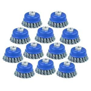 12 Pack Wire Cup Brush, 3 Inch Twisted Knotted Cup Brush for Grinders, with 5/8-11 Inch Arbor for Heavy Cleaning Rust, Stripping and Abrasive, for Angle
