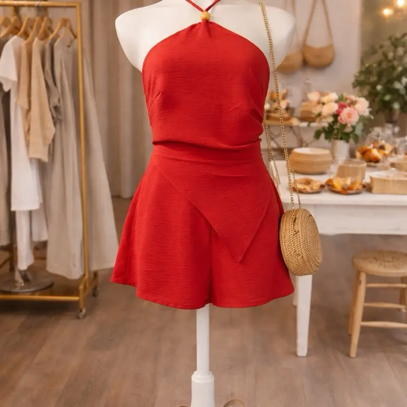 Orange Red Halter Neck short romper