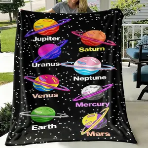 Comfortable Space Planet Print Blanket, Soft Flannel Material, Plush Fleece, Cozy Throw Blanket, Ideal for Air Conditioning, Sofa, Couch Bed, Camping, Travel