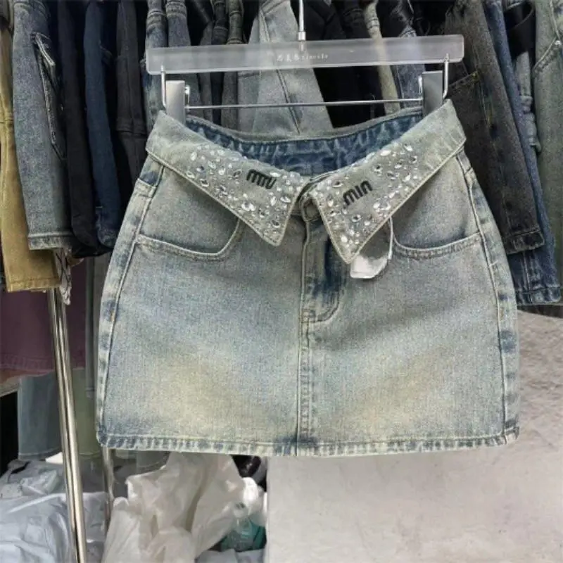 Vintage High-Waisted Flared Rhinestone Denim Mini Skirt for Slim Fit Cotton Blue Casual Black Bottom Aesthetic Womenswear Fitted Button Chic Elegance Everyday Piece Tops Zipper Outfit Basic Minimalist