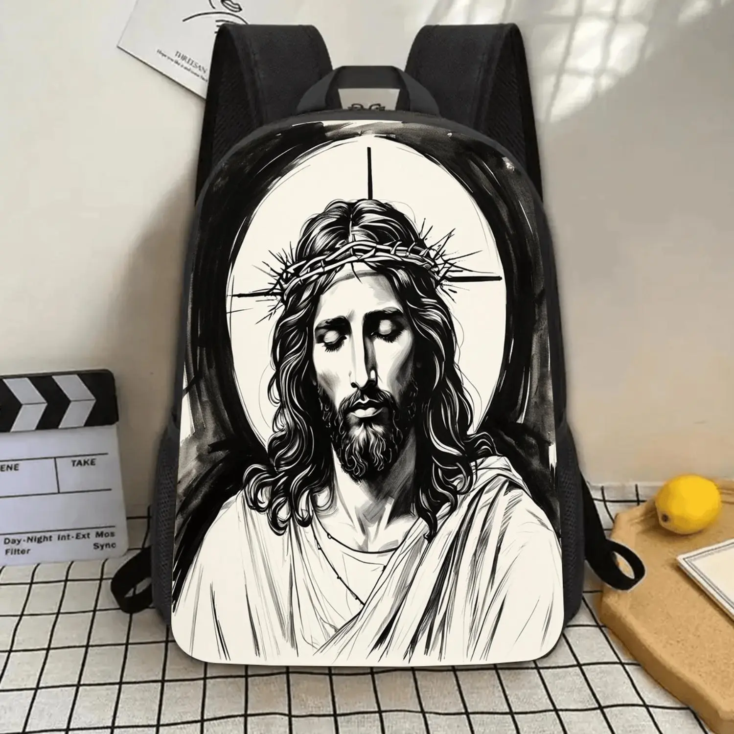 17" Black Jesus Christ Print Backpack, Durable Daily Carry Bag with Customizable Straps, Laptop & Water Bottle Compartments, Large Capacity for School Work Travel Picnic, Perfect Gift for Xmas, Halloween, Thanksgiving & Graduation Holiday