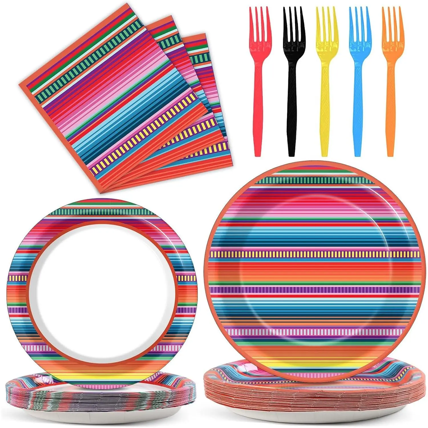 100PCS Mexican Fiesta Plates and Napkins Sets 5 Mayo Plates Mexican Fiesta Party Table Decor Supplies Paper Plate Disposable Tableware Colorful Stripes Pattern for Mexico Party
