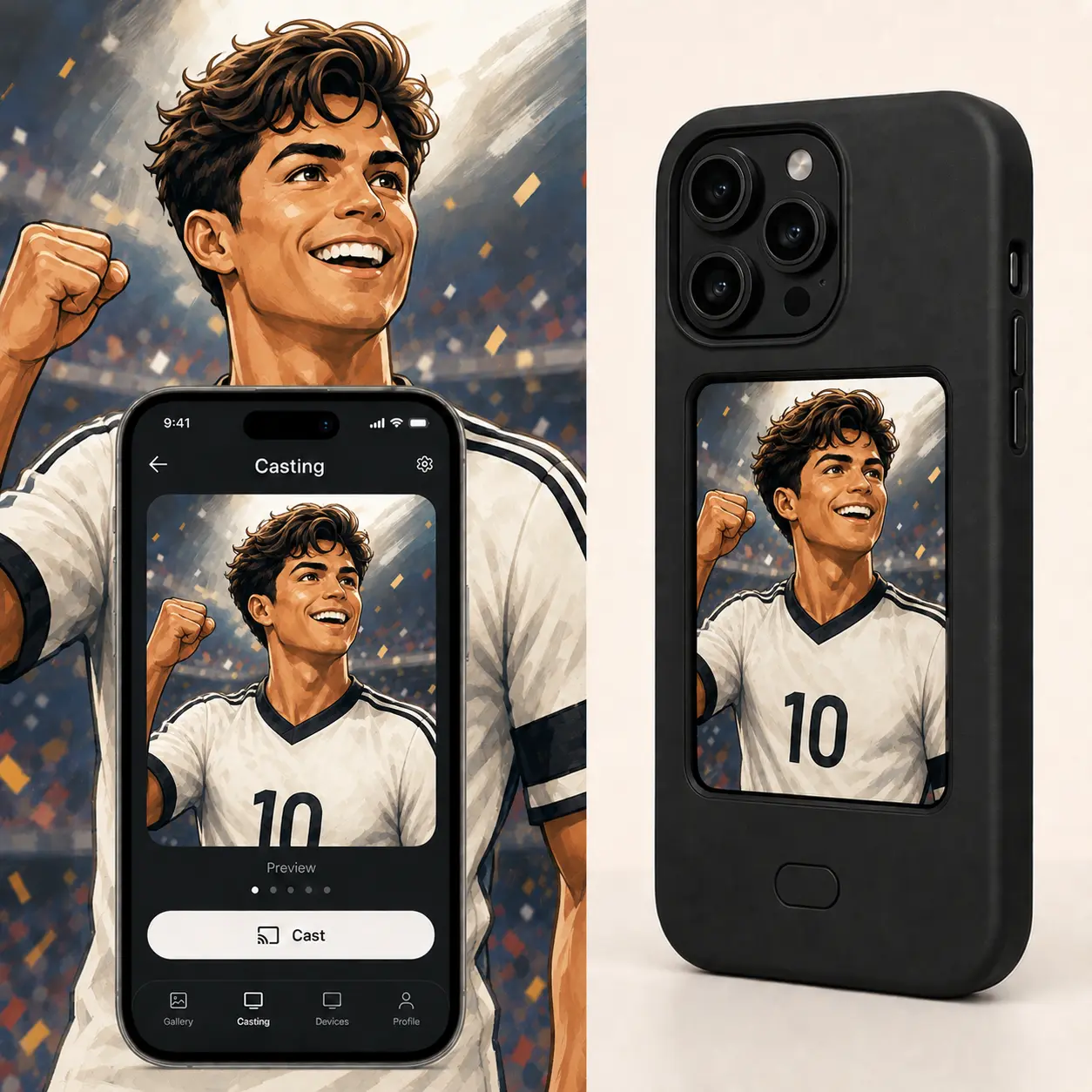 Custom Soccer-Inspired Digital Smart E-Ink Phone Case for iPhone 15/16/17 Series, NFC DIY Image Transfer, 4.0" HD E-Ink Display, Shockproof Durable TPU Cover, Football Fan Gift, Smartphone