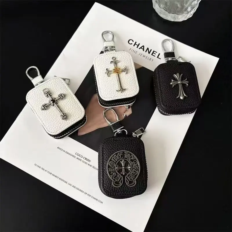 Gothic Cross Faux Leather Zipper Key Case, Punk Chrome Metal Cross Mini Coin Purse with Carabiner Hook