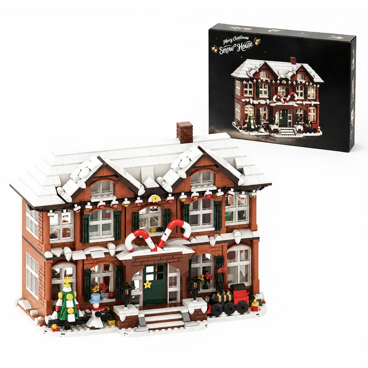 1250PCS Interlocking Christmas House Building Set - Festive 2-Story Holiday House with Train, Detailed Scenes Model Kit, Holiday Decor & Gift for Kids Ages 8+