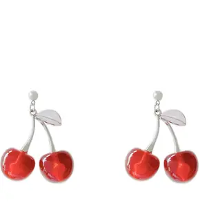 Red Acrylic Cherry Drop Earring Simple Silver Color Alloy Women Earrings Retro Jewelry Fashion Party Wear Accessories with Leaf Detail