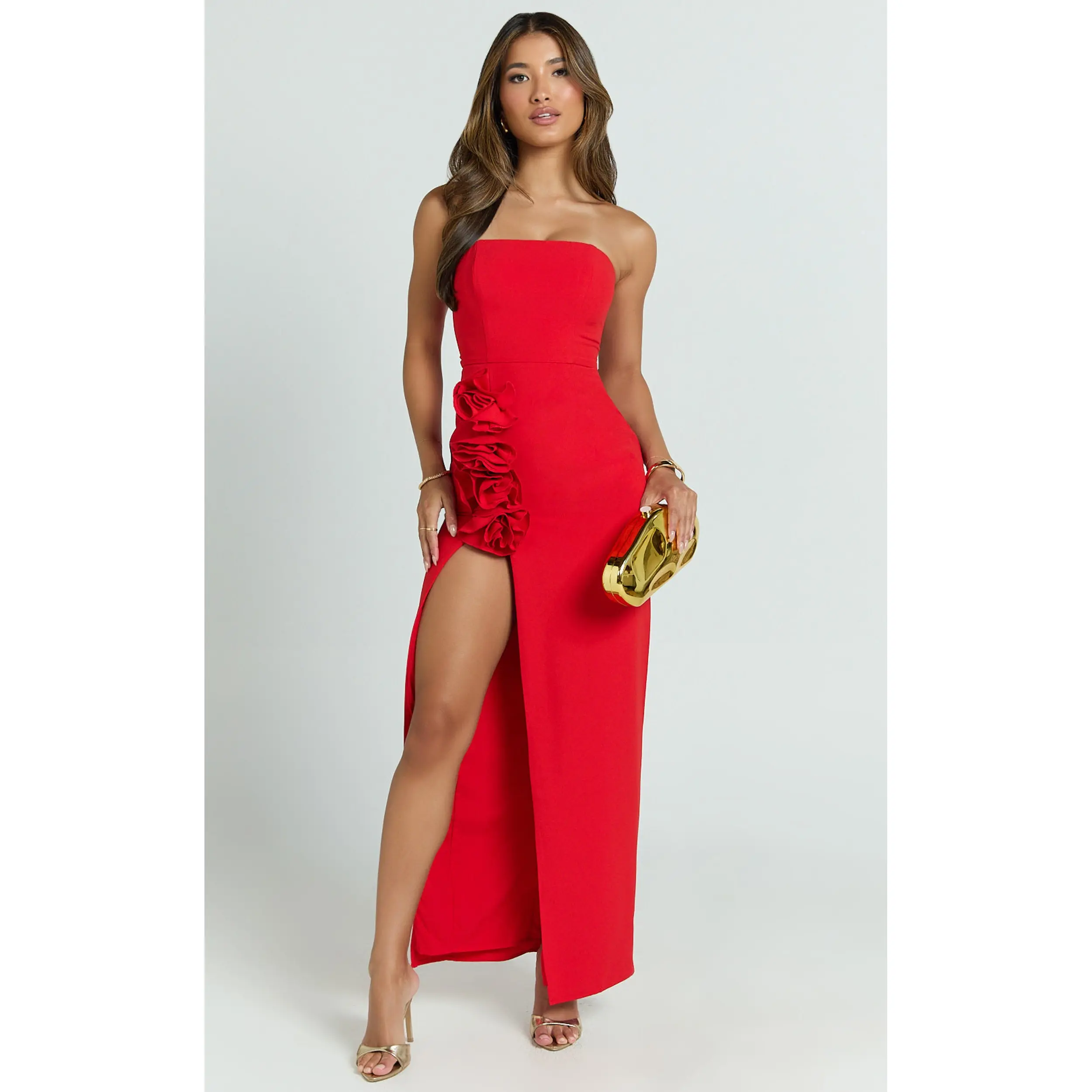 Ebby Maxi Dress - Strapless Rosette Thigh Split Dress in Red - TikTok Shop