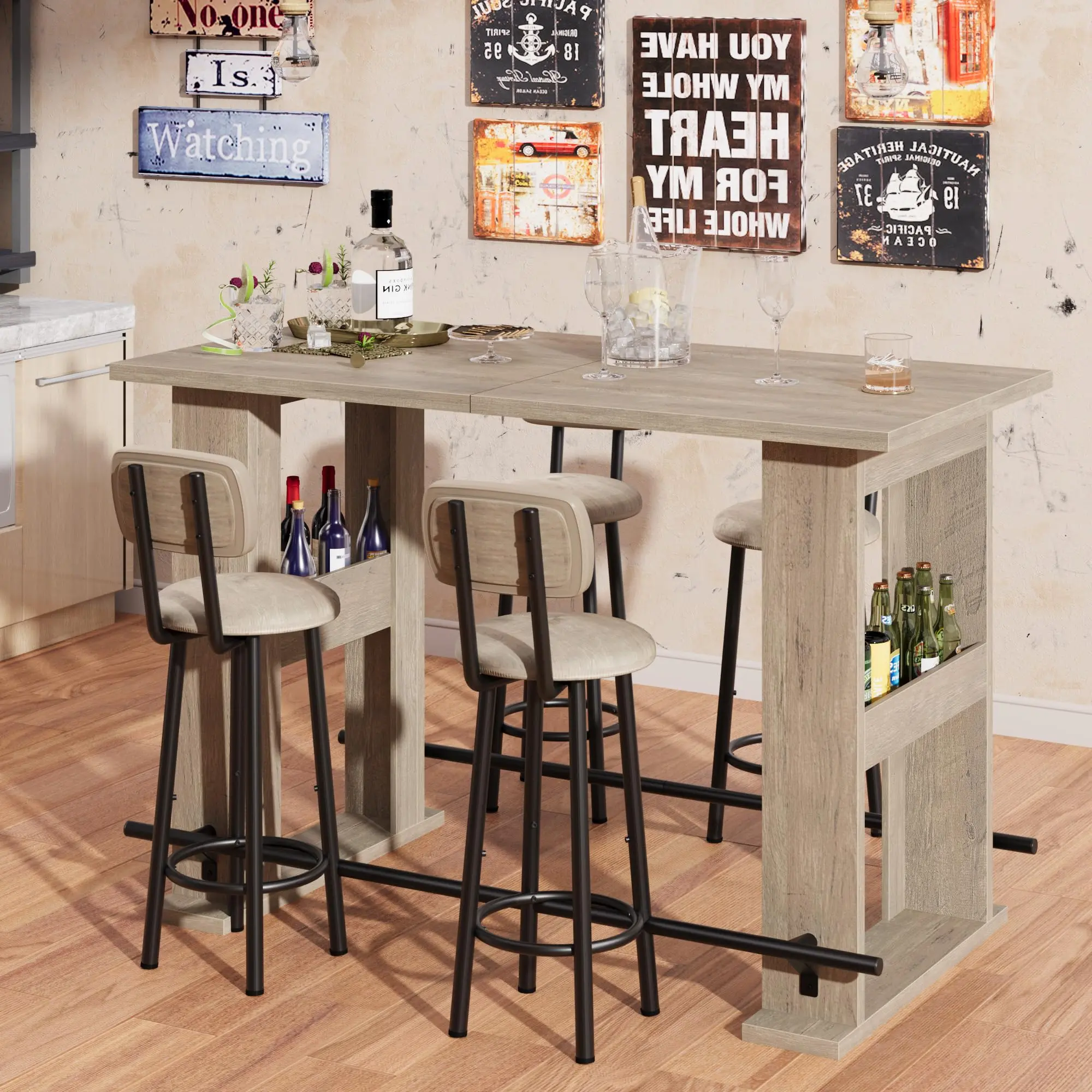 63" Bar Table, Wooden Home Coffee Bar Unit with Storage, Farmhouse Counter Height Pub Table with Metal Footrest for Kitchen Dining Room Bistro Living Room – Grey