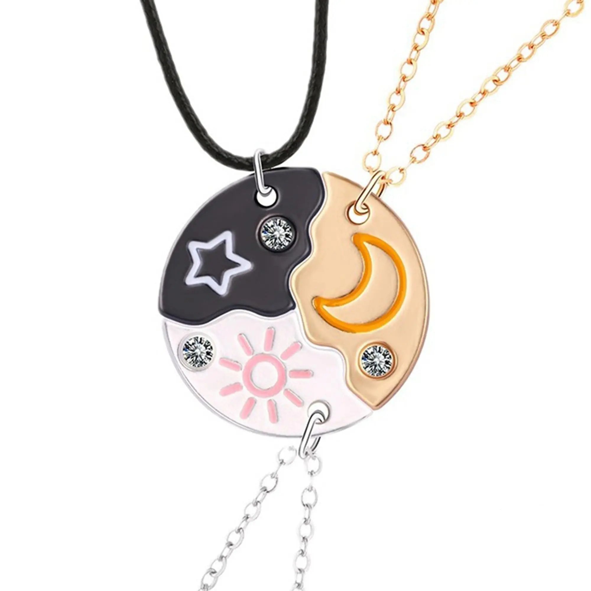 Women's 3-Piece Cosmic Sun Moon Star Puzzle Friendship Necklaces - Female BFF Costume Jewelry, Character Graphic Pendants, Best Friends Gift Set