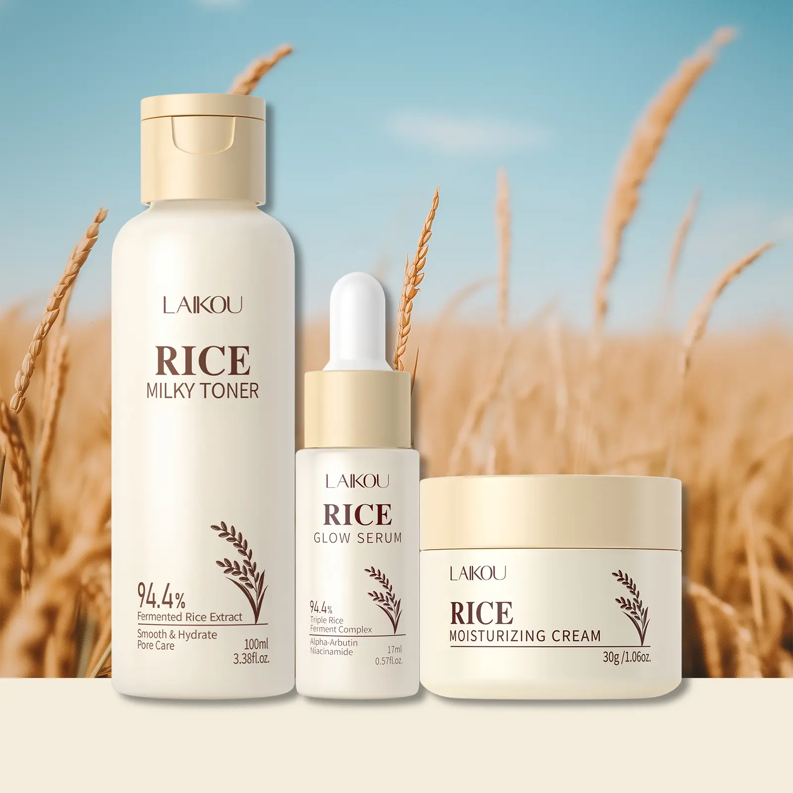 LAIKOU Skin Care Set, Korean Skin Care with Rice Toner, Serum, Moisturizing Cream 3pcs for Women Teen Girls Mom Daughter Mother's Day Birthday Christmas Lover Korean Beauty