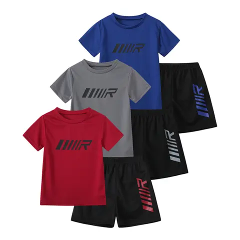 #SummerVibes Boys' 6-Piece Sporty Style Tee Shorts Set - Crew-Round Neck Breathable Athletic Tees, Casual Shorts for Ages 3-14 Spring-Summer Alphabet Kids' Fashion Suits, Crew Neck