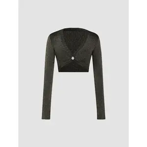 Cider [size 2-10] Metallic V-neck Flower Button Knitted Crop Long Sleeve Top