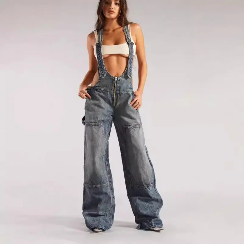Denim Overalls for Women Casual Wide Leg Pants Baggy Jean Vintage Jumpsuit with Pockets