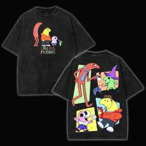 Smiling Friends Washed Cotton Shirt, Smiling Friend Ss3 Shirt, Graphic Tee, Cartoon Double Printed Vintage Washed Tee Cotton T-shirt Fabric Menswear Top Collar L82