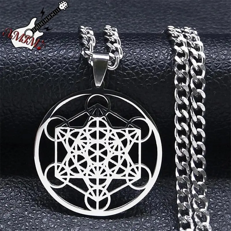 Stainless Steel Pendant Necklace with Archangel Metatron Seal, Silver-Tone Fleur de Vie Amulet for Women, Spiritual Jewelry