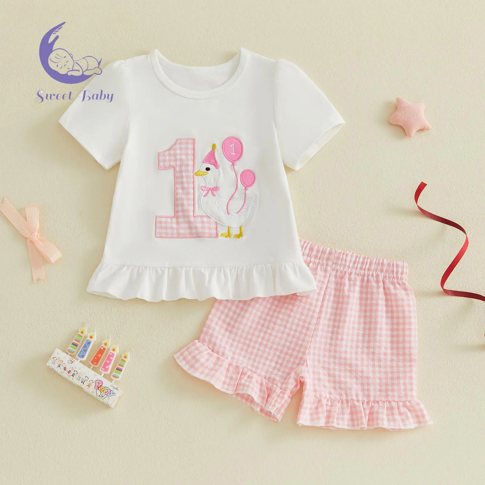 Baby Girl 2-Piece Casual Cotton Blend Birthday Theme Gift Set - Baby Clothing Outfits, Crew Neck Short Sleeve Top with Letter '1', Goose & Balloon Embroidery, Plaid Print Shorts (Girlset)