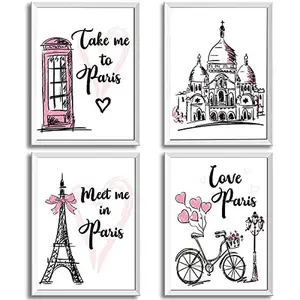 4 Pieces Paris Wall Art Prints Pink Paris Wall Decor Picture Eiffel Tower Romantic Paris Themed Bedroom Decor Unframed Paris Poster for Living Room Bedroom Bathroom Office Decor, 8 x 10 Inch