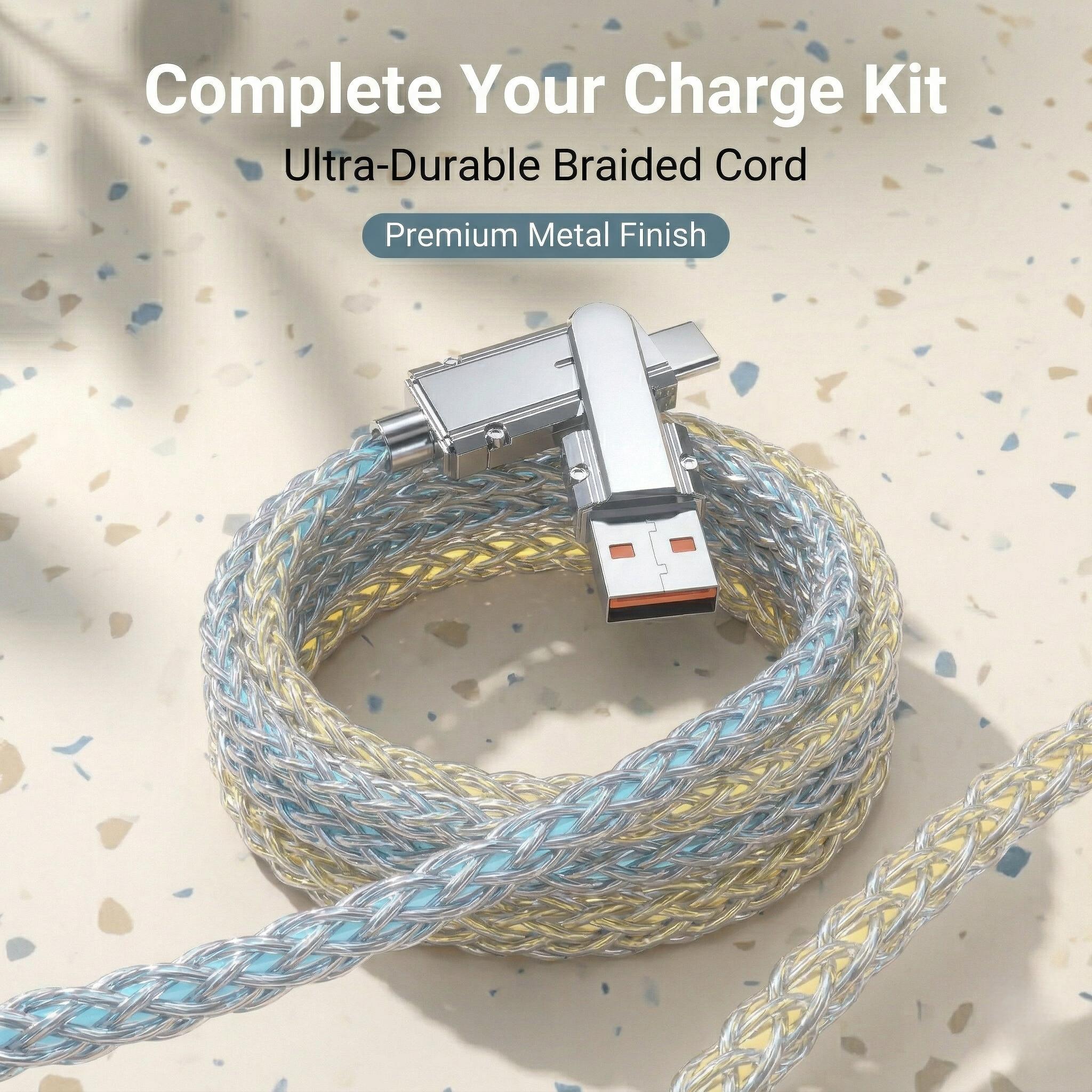 4-in-1 Colorful LED USB-C Charging Cable, 60W Fast Charge & Data Transfer, USB/Type-C/Lightning Compatible with iPhone, iPad, Samsung & More