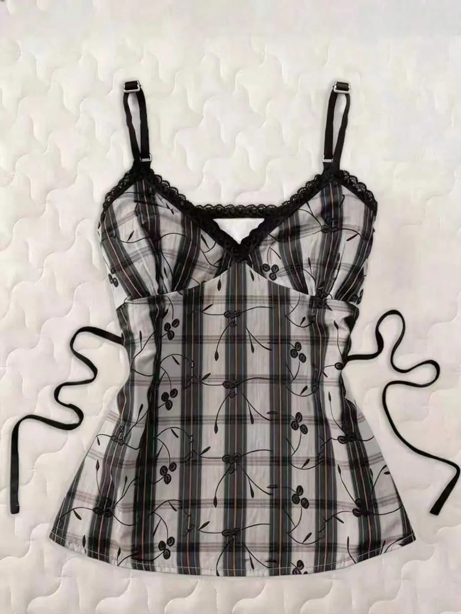 Women's Floral Plaid Print Contrast Lace Camisole Top Brunch Vacation Summer Cute 1960s Vintage